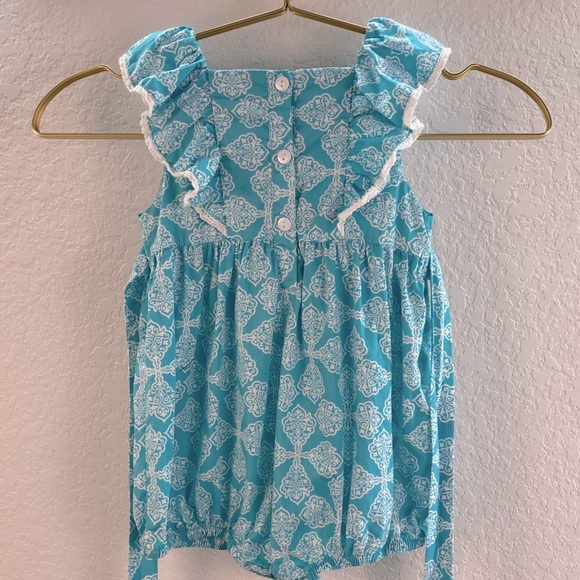 Smocked Sweets 2T Bubble Romper Turquoise Blue White Embroidered Cross - Picture 10 of 11